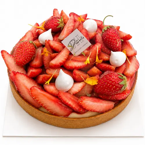crémeux citron, pesto basilic, gel fraise et fraises Sarthoises